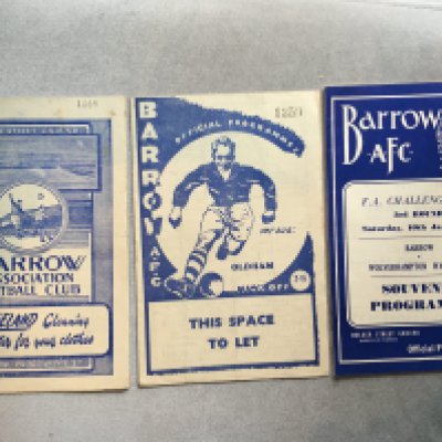Barrow Home Football Programmes: 49/50 Oldham, 52/53 Scunthorpe + 58/59 Wolves FA Cup. Very good. (3)