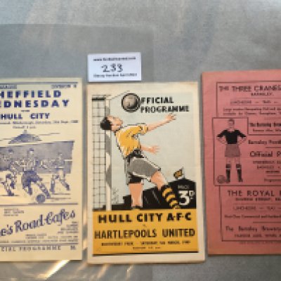 Hull City Football Programmes: 48/49 home v Hartlepool and away 49/50 Sheffield Wednesday + 50/51 Barnsley. Good. (3)