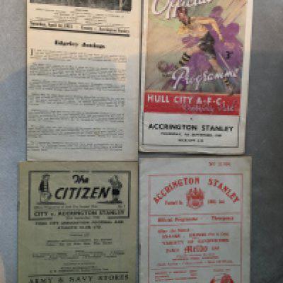 Accrington Stanley Football Programmes: Aways v 48/49 Hull, 50/51 Stockport, 52/53 York City and home v 54/55 Halifax. Good. (4)