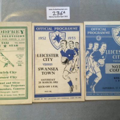 Leicester City 1950s Football Programmes: Home v 52/53 Swansea, 53/54 Notts County and away 53/54 v Norwich. Good. (3)