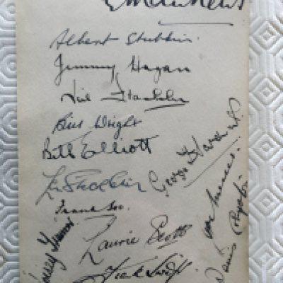 1938 Germany v England Nazi Salute Football Tour Memorabilia: Stunning collection includes autographs of the England 14 on one page plus press photos and postcards direct from one of the touring party. Only item that is a replica is the famous Nazi salute picture. 5 press photos with stamps to rear and 4 postcards of the hotel and ship they used. C/W tour information. Autographs include Matthews, Scott, Wright, Hagan, Lawton, Compton, Hardwick, Shackleton, Elliott, Mercer and Swift.