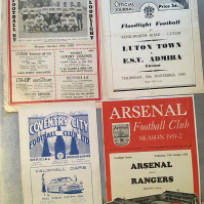 1950s English Clubs v Foreign Clubs Football Programmes: 53/54 Coventry v East Fife writing to cover, 53/54 Doncaster v Wacker, Luton v Admira + 50/51 Arsenal v Rangers. Good unless stated. (4)