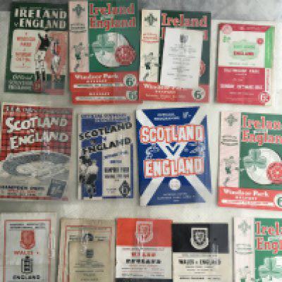 England Away Football Programmes + Itineraries: 15 programmes to include Ireland 48, 54 with itinerary, 2 x 56, 2 x 57, 60, Scotland 48, 56, 58, 60, Wales 51 with itinerary, 55, 57 + 59. Good. (17)
