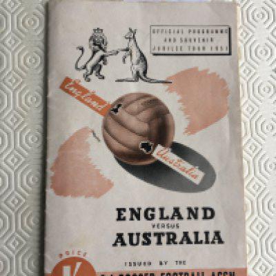 1951 Australia v England FA X1 Football Programme: Excellent condition with no team changes for match played at the Adelaide Oval. 20 page programme has team group of the touring party.