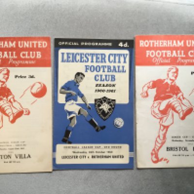 60/61 Rotherham League Cup Football Programmes: In the league cups first season Rotherham got to the final. This lot has the final the home match to Bristol Rovers and the away match at Leicester. Excellent with no team changes. (3)