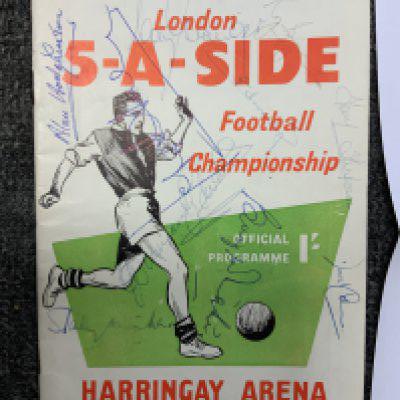 1957 Signed England Football Team: The team that played Scotland on 6 April attended the London 5-A-Side 3 days earlier at Harringay. The front of the Evening Standard competition programme is signed by Duncan Edwards, Stanley Matthews, Alan Hodgkinson, Billy Wright, Derek Kevan, Tom Finney, Roger Byrne, Colin Grainger, David Coleman and a few others. C/W programme + ticket for England v Scotland match and separate signature map.
