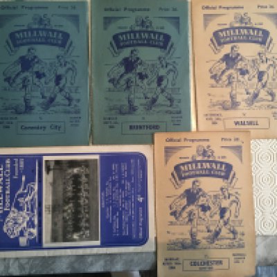 1950s Millwall Home Football Programmes: 54/55 Walsall, Colchester, 55/56 Coventry, Brentford and 56/57 Aldershot. Very good. (5)