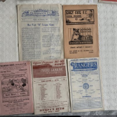 1950s Scottish Football Programmes: 50/51 Raith v Airdrie, 51/52 Third Lanark v Celtic, 54/55 Rangers v Motherwell, Kilmarnock v East Fife + 55/56 East Fife v St Mirren. Very good. (5)