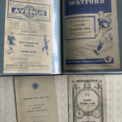 Walthamstow Old Amateur Cup Football Programmes: 51/52 Southall away, Tilbury away in fair condition mourning the King, 52 final programme ticket song sheet and pirate plus menu held months later to celebrate victory. Semi finals from 54 59 61. Folder also contains 52/53 FA Cup matches v Stockport and two different v Wimbledon and more.