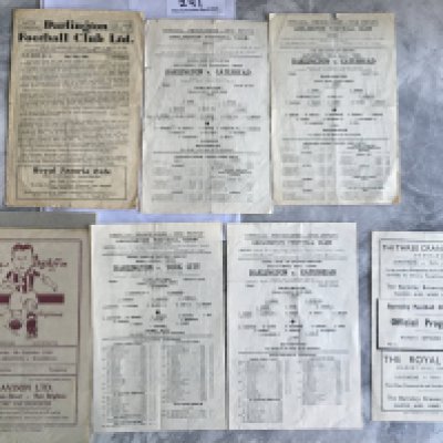 1940s Darlington Home Football Programmes: 43/44 Gateshead league and Tyne + Wear semi final both folded with small tears, 44/45 and 49/50, 44/45 York Tyne + Wear cup. C/W 45/46 Barnsley v Tom Robinson Select X1 and 48/49 New Brighton v Mansfield. Good unless stated. (7)