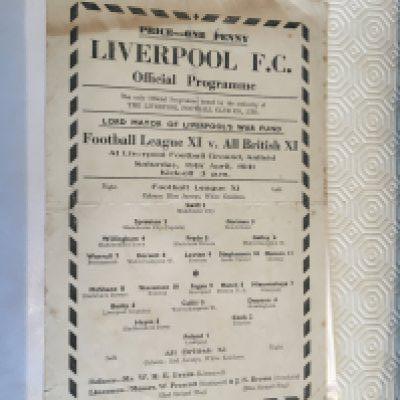 40/41 Football League v All British Football Programme: Single sheet in fair condition with no team changes. Played at Anfield Liverpool. Fold, mark and a couple of tiny tears to border. Lots of famous players including Busby Cullis Lawton and Swift.