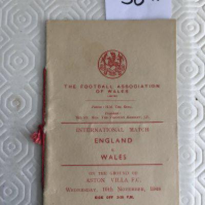1948 England v Wales Football Itinerary: Issued to the Wales team for their visit to Aston Villa on 10 11 1948. Small itinerary is good with red string still attached.