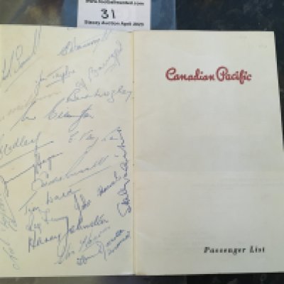 1950 England Canadian Tour Signed Passenger List: Nice booklet fully signed by the 1950 team that played at Chelsea in the 1950 Charity Shield. Signed inside the Canadian Pacific booklet with a list of guests for the ship. Includes Matthews, Sewell, Ward, Johnston, Lofthouse, Hagan, S Milburn, Flewin and in fact 19 of the touring party.