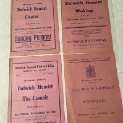 Dulwich Hamlet Pre War Home Football Programmes: 34/35 Clapton, 35/36 Corinthian Casuals, 37/38 Woking plus a 46/47 Romford. Good with instructions to sell. (4)