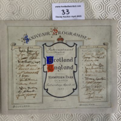1945 Scotland v England Fully Signed Football Programme: Single unofficial card hand signed neatly by both squads for the match at Hampden Park on April 14th 1945. Stunning item has tape marks to tear.