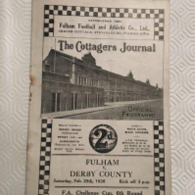 35/36 Fulham v Derby County FA Cup Football Programme: Staples rusted away leaving hole. Otherwise good with no team changes.