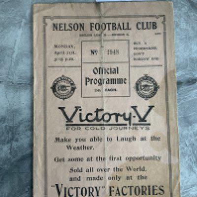 1923 - 1924 Nelson v Leicester City Football Programme: Fair condition with no team changes. Heavy fold. Stain throughout programme and small split on spine.