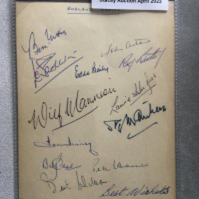 49/50 England Football Autographs: Large cream card headed England 49/50 hand signed without out dedication by 12 players including Ramsey, Finney, Matthews, Mannion, Baily, Aston and Shackleton.