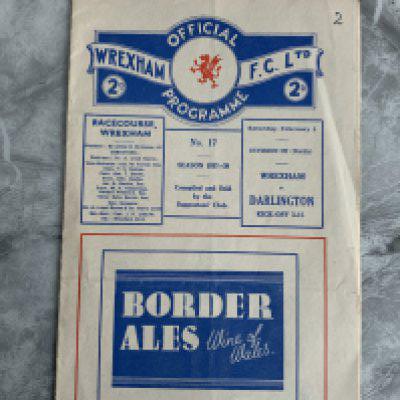 1937 - 1938 Wrexham v Darlington Football Programme: Very good condition with no team changes. The number 2 written to border of cover.