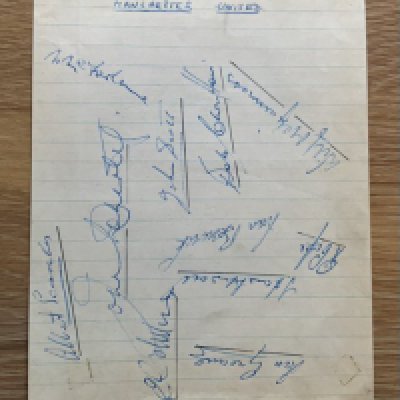 54/55 Manchester United Reserves Signed Autographs: Signed page with 11 of the early Busby Babes. Signatures include Eddie Colman, Bobby Charlton, Noel McFarlane, John Doherty, Albert Scanlon, John Scott, Ian Greaves, Ronnie Cope, Derek Hawksworth, Ivan Beswick and Wilf McGuiness.