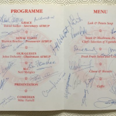Manchester United Signed Dinner Menu: Held by the Association of Former Players in 2001 and signed inside by Crerand Sadler Bradley Foulkes Crompton Sartori Herd McGuinness Bradley and a further 15. C/W ticket for the event and an unsigned menu for 1994. (3)