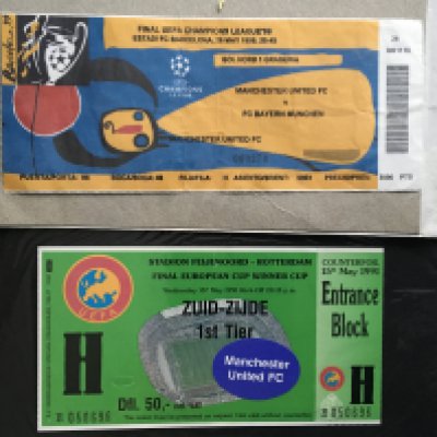 Manchester United European Cup Final Football Tickets: 1999 v Bayern Munich and 1991. Very good. (2)