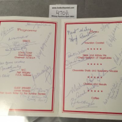 Manchester United Signed 1991 Dinner Menu: Held by the Association of Former Players and signed inside by Busby Olive Crerand McShane McGuinness and a few others.