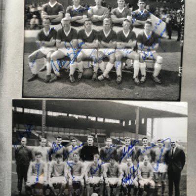 Manchester Signed 1960s Football Team Photos: Genuine autographs collected by a friend of many of the players who we know ourselves. Lsrge black and white photos signed by 11 including Law Stiles Foulkes and Crerand and a further signed by 7 including Charlton McGuinness and Foulkes. (2)