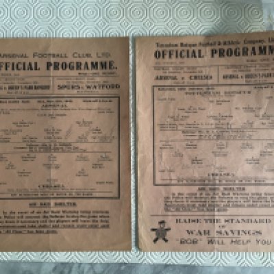 43/44 Chelsea Away Football Programmes: Matches v Tottenham and Arsenal. Fair condition single sheet league matches with pencilled team changes and folding. (2)