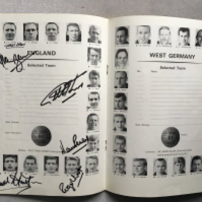 1966 World Cup Final Signed Football Programme: Excellent condition original final programme signed on England team page in marker pen by Cohen, Ball, Hurst, Hunter, Hunt and Peters. C/W tournament programme. (2)