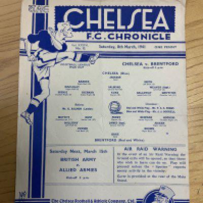 40/41 Chelsea v Brentford Football Programme: Excellent condition single sheet with no team changes from hard to obtain season. Dated 8 3 1941.