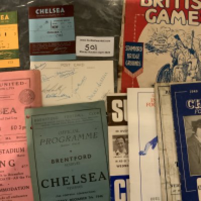Chelsea Football Memorabilia: Home tickets v 53/54 Portsmouth, 56/57 Everton with numbers written, 54/55 postcard hand signed to rear by 8, 57/58 Hastings Metropolitan League Final fair, 1927 British Games at Stamford Bridge and more.