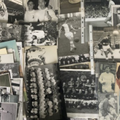 Football Memorabilia Box: Books to include Best Of Charles Buchans Monthly, quantity of replica photos with wide range of sizes and teams including Tottenham, few press photos including signed Ronnie Clayton, 47/48 New Brighton original large mounted photo with edge of card tatty not affecting photo, 14 A + BC Quiz football cards good Hereford content including programmes plus 1958 Roy Of The Rovers annual autographs including Astle and more.