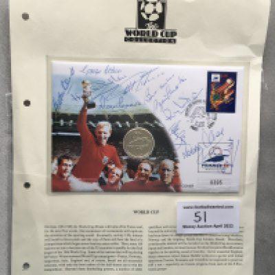 England 1966 World Cup Signed FDC: Produced in 1998 for the Westminster Collection. Has France 98 coin to centre. Signed by the 10 existing World Cup winners excluding Bobby Moore. Attractive.