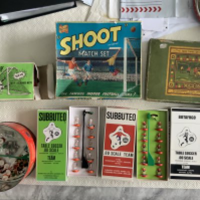 Subbuteo Football Collection: Includes 4 pitches, stands, many sets of goals, 3 boxed teams, tin of loose players, scoreboards and many paper ephemera to include old catalogues, price lists, wall charts and much more. C/W two old Football games all unchecked. Quantity.