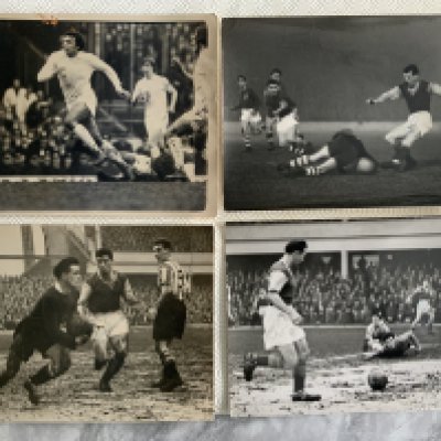 1950s West Ham Signed Football Press Photos: Great match action including John Dick v Rapid Vienna, Musgrove crossing v Lincoln in 1956 and Eddie Lewis v Sheffield United in 1956. Press stamps to all 3 with annotations to 2. C/W action at Arsenal in the FA Cup in 1975. Good large photos with all 3 mentioned payers having signed. (4)