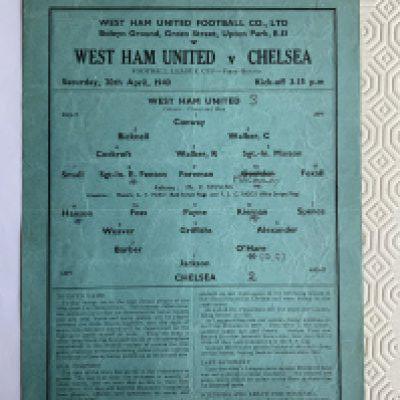 39/40 West Ham v Chelsea Football Programme: Very good condition cup match with pencilled team changes dated 20 4 1940.