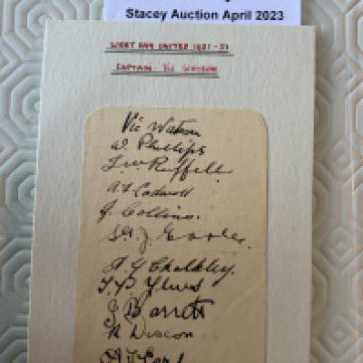 1931 - 1932 West Ham Football Autographs: Small page removed from autograph book then stuck down to postcard. 11 autographs in pen to include Vic Watson and Jimmy Ruffell.