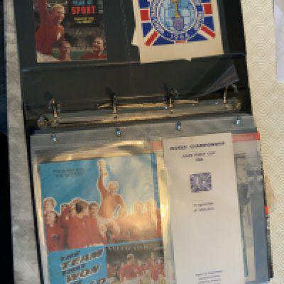 1966 World Cup Football Memorabilia Folder: So many nice pieces of original memorabilia, this is a must view. Includes Westclox fixture list, items from the Hornet + Wizard, programme of matches, special car park sticker, German postcards, France v Mexico ticket, passport holder, FDCs including final, WC Willie postcard, beer mats, souvenirs from Brooke Bond, car sticker, official letter thanking press and a further regarding tickets, official souvenir brochure, coin, invitation to draw, rail information, small brochures including French, official GPO phone numbers book, calendar and lots more.