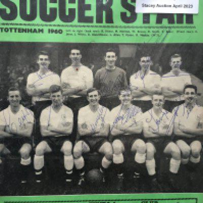 Tottenham 60/61 Fully Signed Magazine Picture: Double winners pictured in December 1960 on the front page of Soccer Star. Signed in biro by all 11 players pictured. Includes Blanchflower White and Mackay.