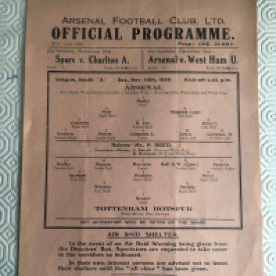 39/40 Arsenal v Tottenham Football Programme: Good condition single sheet league match with no team changes. Dated 18 11 1939.