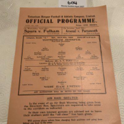 39/40 Tottenham v West Ham Football Programme: Excellent condition single sheet league match with no team changes. Dated 6 4 1940.
