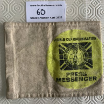 1966 World Cup Press Messenger Armband: Thick cloth with elastic so one size can fit all. World Cup logo with words Press Messenger below. Rare item.