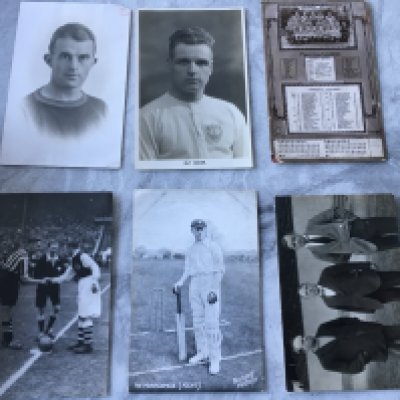 Arsenal Pre War Football Postcards: Original postcards featuring captain shaking hands before 1936 FA Cup final excellent, Leonard Thompson tiny piece out of corner, Alf Baker excellent, Training team of Hardy McQueen and Ratcliff very good, 33/34 Calendar/fixture postcard tear and Hardinge who played both cricket and football for England in cricket attire good. (6)
