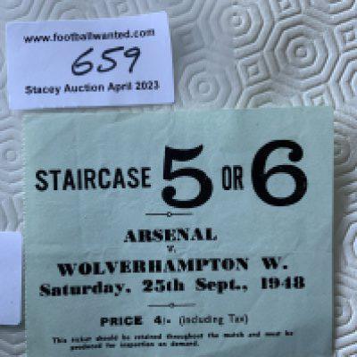 48/49 Arsenal v Wolves Football Ticket: League match in good condition with lightest fold.