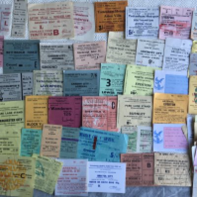 Old Football Ticket Collection: Wide ranging private collection with 27 from 1949-1969 and a further 71 from 1969-1979. Includes 49/50 Aston Villa v Sunderland, 58/59 Everton v Sunderland FA Cup, 62/63 Stoke v Norwich and good Tottenham Wolves and Arsenal content. (98)