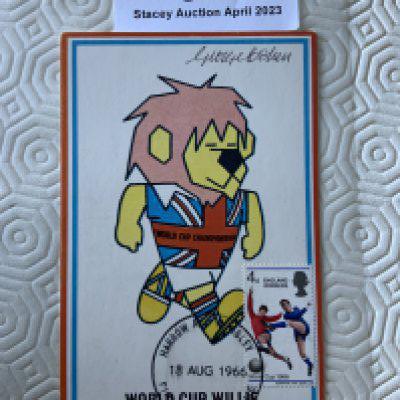George Cohen Signed 1966 World Cup Willie Postcard: Original unwritten postcard with FA 1966 to rear and stamped Cameo Stamps Ltd. WC Willie has first day of issue England Winners stamp 18 8 1966 and is hand signed by Cohen.