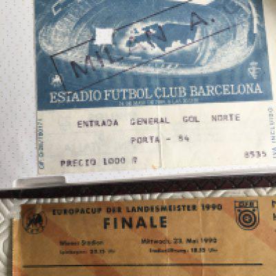 European Final + Semi Final Football Tickets: Includes European Cup Toyota Cup UEFA Cup Champions League Supercup and ECWC. Some great tickets in this collectors album nearly all finals and semis to include 79/80 Juventus v Arsenal 84/85 Inter v Real Madrid 96/97 Liverpool v PSG 90/91 Man Utd v Warsaw 86/87 Bayern Munich v Real Madrid 91/92 Torino v Real Madrid 85/86 Inter Milan v Real Madrid. Good with occasional fold. (48)