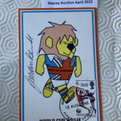 Gordon Banks Signed 1966 World Cup Willie Postcard: Original unwritten postcard with FA 1966 to rear and stamped Cameo Stamps Ltd. WC Willie has first day of issue England Winners stamp 18 8 1966 and is hand signed by Banks.
