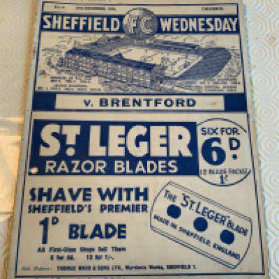 36/37 Sheffield Wednesday v Brentford Football Programme: Fair condition league match with punch holes. Staple removed not rotted away. Result written discreetly to cover.